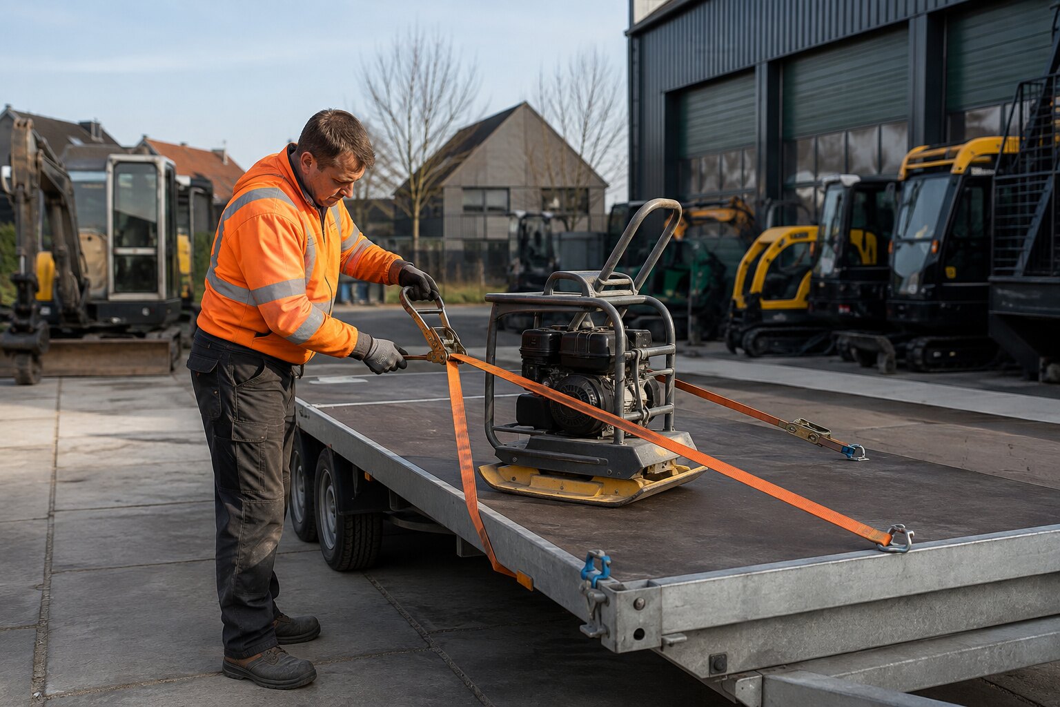 Vakman zet een trilplaat vast op een aanhanger
