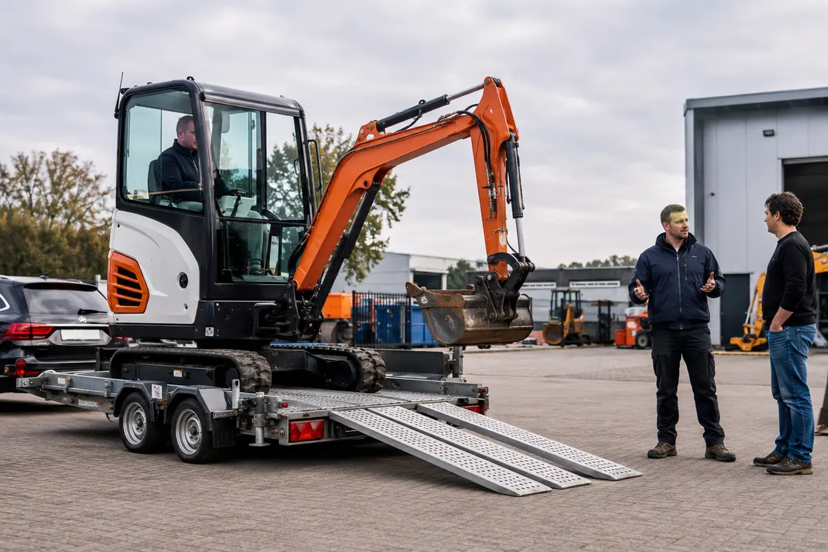 Compacte graafmachine veilig op transportaanhanger