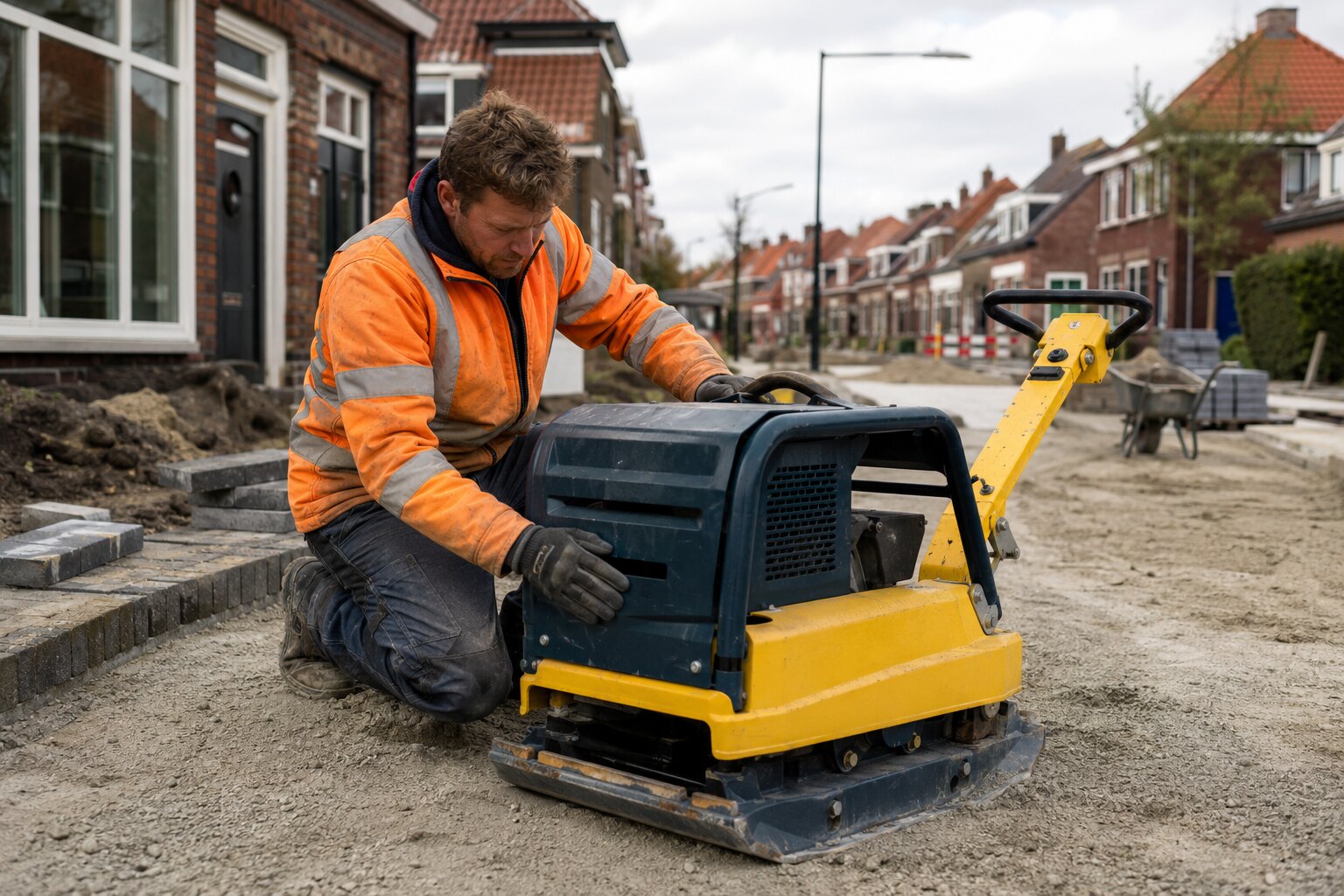 Vakman controleert een trilplaat voor straatwerk