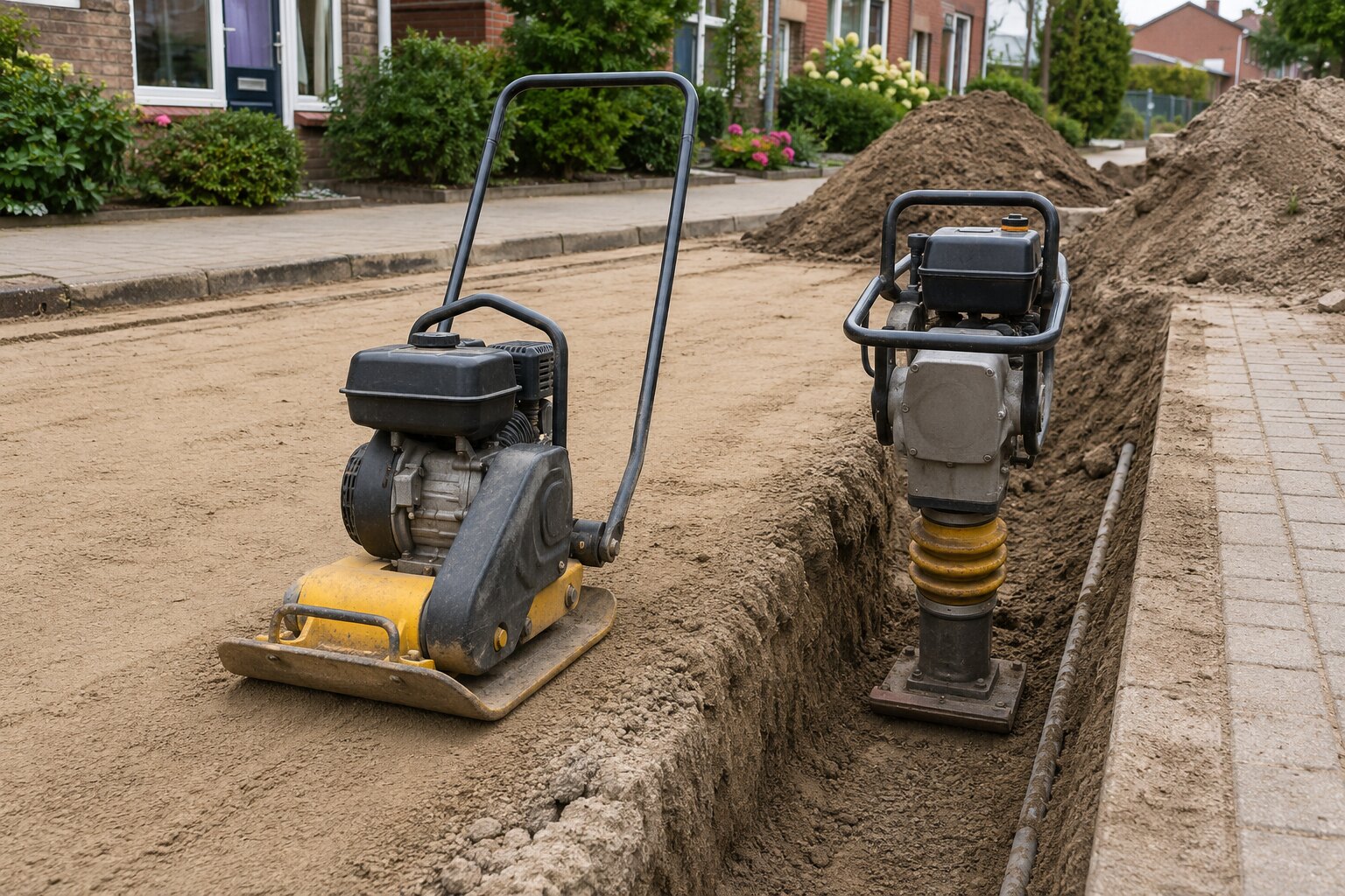 Trilplaat en trilstamper naast een sleuf